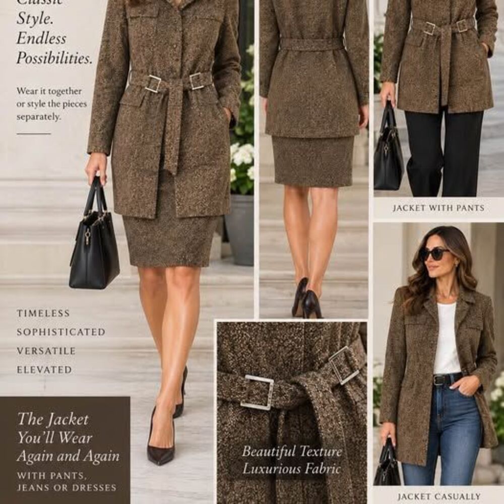 TAHARI Wool & Angora 2-Piece Skirt Suit – SZ 6 | Brown/Tan Tweed | Belted Jacket